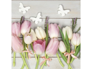 Serwetki POL-MAK WIOSNA Daisy Lunch 33cm 20szt. White x Pink Tulips on Wood SDWI004401 [opakowanie=24szt]