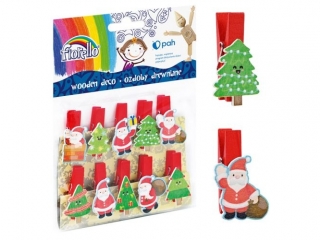 Ozdoby drewniane FIORELLO GR-WD699 spinacz Mikołaj/choinka BN, 10 szt. KWBN24