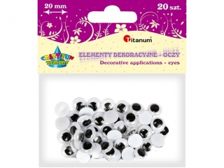 Oczy bez kleju czarne 20mm bez rzęs 20szt.
