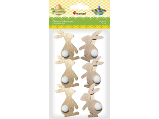 Klamerki drewniane z dekorem naturalne 7x45mm króliczki bokiem drewniane 33x55mm z pomponem białym 2 wzory 6szt. TITWLK