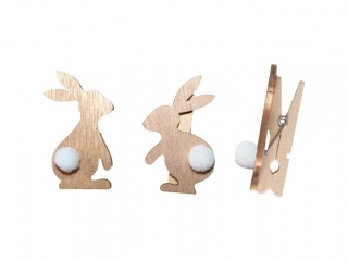 Klamerki drewniane z dekorem naturalne 7x45mm króliczki bokiem drewniane 33x55mm z pomponem białym 2 wzory 6szt. TITWLK