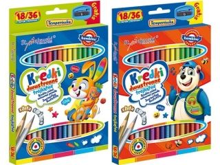 Kredki szkolne trjktne dwustronne 36 kolorw 18 sztuk + temperwka ZWIERZAKI UCZNIAKI [opakowanie=8szt]
