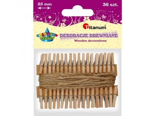 Klamerki drewniane naturalne 3x25mm 36szt. ze sznurkiem jutowym 250cm