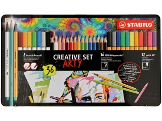 Zestaw Cienkopis STABILO point 88/Flamaster Pen 68 brush/Kredka drewniana STABILO aquacolor etui metalowe 36 szt. ARTY Creative Set