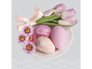 Serwetki POL-MAK WIELKANOC Maki Lunch 33cm 20szt. Easter Eggs with Pink Tulips and Primroses  SLWL009901 [opakowanie=12szt]