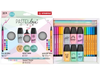 Zestaw Cienkopis STABILO point 88 mini/Flamaster STABILO Pen 68 Mini/zakrelacz BOSS Mini Pastellove 2.0/owek Swano Pastel - etui 35 szt.