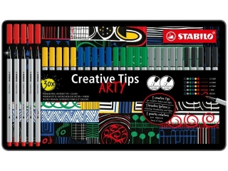 Zestaw Cienkopis STABILO point 88/Flamaster Pen 68/Flamaster Pen 68 brush - STABILO Creative Tips - etui metalowe 30 sztuk ARTY
