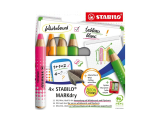 Kredka do tablic sucho�cieralnych STABILO MARKdry neon etui 4 szt. z temper�wk� i �ciereczk� [opakowanie=10szt]