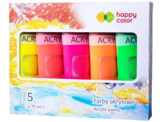 Farba akrylowa zestaw 5 kolorw x 75 ml, kolory fluo, Happy Color