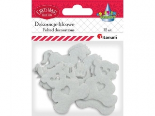 Filcowe dekory świąteczne białe 3 wzory x4szt.: głowa jelenia 35x36mm, miś 32x35mm, konik na biegunach 37x30mm 12szt.