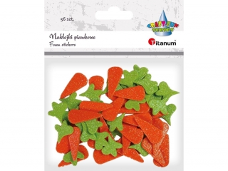 Naklejki piankowe brokatowe marchewki 15x32mm, natki marchewki 20x22mm 56szt. TITWLK