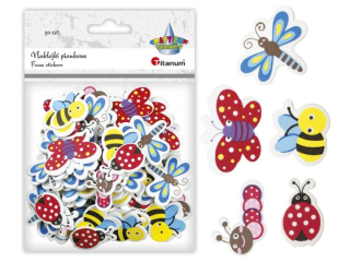 Naklejki piankowe owady 5 wzorów 50szt. Motyl 42x28mm, ważka 38x32mm, pszczółka 30x27mm, biedronka 20x32mm, gąsienica 31x26mm TITWLK