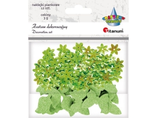 Zestaw cekiny kwiaty 14mm 3g i naklejki piankowe brokatowe motyle 30x20mm i tulipany 29x32mm jasnozielone 12szt. TITWLK