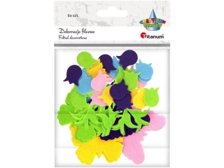 Naklejki filcowe główki tulipanów 18x20mm, motyle 53x42mm różowe, fioletowe, żółte, limonkowe, błękitne, łodygi z liśćmi tulipanów zielone 30x33mm 60s