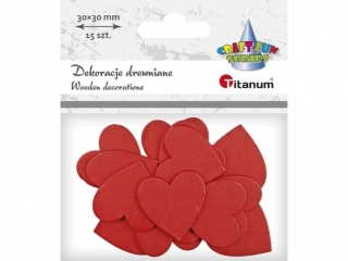 Drewniane serca 30x30mm czerwone 15szt. sklejka 2mm TITWAL