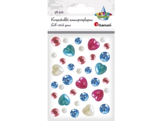 Krysztaki samoprzylepne mix wzorw tonacja rowo-niebieska 36szt. rodzaj: okrge O12/8mm, pereki serca 14x14mm i pereki okrge O6mm TITWAL