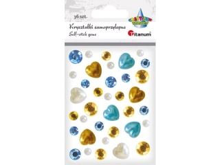 Krysztaki samoprzylepne mix wzorw tonacja zoto-niebieska 36szt. rodzaj: okrge O12/8mm, pereki serca 14x14mm i pereki okrge O6mm TITWAL