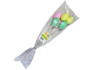 Dekoracje plastikowe jajka na piku 30cm 40x60mm jasnożółte, jasnozielone, jasnoróżowe z białym nadrukiem motyla 6szt. TITWLK