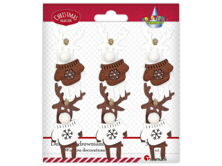 Zawieszki drewniane renifery w sweterkach, nosy z pomponów 40x75mm 2 wzory biało-brązowe, brązowo-białe 6szt.