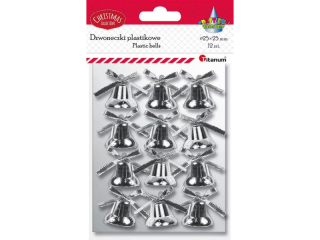 Dzwoneczki plastikowe O25mm wysoko 26mm z doklejon rypsow kokard i mocowaniem twist srebrne 12szt.