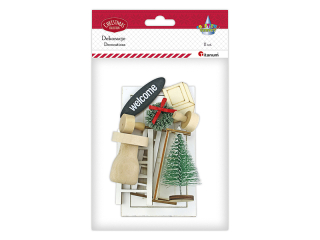 Drewniana dekoracja wejście dla Elfów 11 elementów drzwi z ościeżnicą 80x140mm białe, drabina 40x80mm, ławka 75x30x50mm, stół O38mm wysokość 50mm, 2x