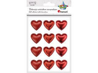 Dekoracje samoprzylepne materiałowe serca PU 32x30mm 3 wzory: drobny brokat, duży brokat, gładkie czerwone 12szt.