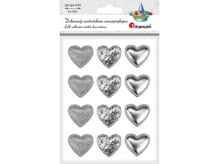 Dekoracje samoprzylepne materiaowe serca PU 32x30mm 3 wzory: drobny brokat, duy brokat, gadkie srebrne 12szt.