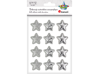 Dekoracje samoprzylepne materiałowe gwiazdki PU 32x30mm 3 wzory: drobny brokat, duży brokat, gładkie srebrne 12szt.