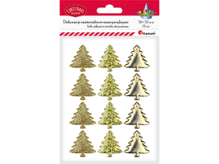 Dekoracje samoprzylepne materiałowe choinki PU 32x32mm 3 wzory: drobny brokat, duży brokat, gładkie złote 12szt.