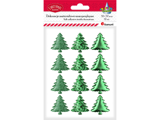 Dekoracje samoprzylepne materiałowe choinki PU 32x32mm 3 wzory: drobny brokat, duży brokat, gładkie zielone 12szt.