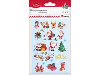 Naklejki papierowe 10 plansz napis Merry Christmas, Mikoaje, renifery, bombki 15 wzorw - 150szt.