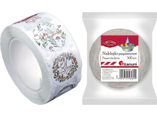 Naklejki papierowe na tamie O25mm 8 wzorw Boe Narodzenie choinka, wianki, grska chata, pick-up z choinkami, renifer 500szt. szeroko tamy 29mm