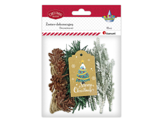 Zestaw do dekoracji prezentu: girlanda plastikowa długość 45cm, gałązki żywotnika ośnieżone 6szt., szyszki plastikowe 25x32mm 5szt., sznurek jutowy ok