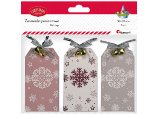 Zawieszki prezentowe z wiszącym płatkiem śniegu i 2 dzwoneczkami 50x95mm 3 wzory 6szt.