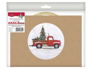 Zestaw do haftowania czerwony pick-up z choinką biała tkanina z nadrukowanym wzorem O tamborka 15mm (robocza) zestaw mulin, 3 igły, instrukcja