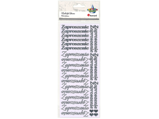 Naklejki foliowe ?Zaproszenie? 3 wzory czcionki, 4 serduszka srebrne 28szt. plansza 100x240mm