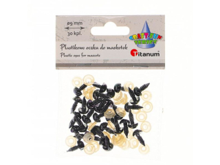 Oczy do maskotek plastikowe O9mm z mocowaniem za pomoc zapinki czarne 30kpl.