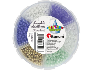 Koraliki plastikowe O3mm 6 kolorw: biae, fioletowe, jasnomitowe, zote 80g pojemnik O80mm z indywidualnym otwieraniem kadego koloru