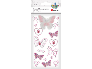 Krysztaki samoprzylepne motyle mix (w tym z krysztakw 45x37/35x33mm, akrylowe 32x18mm, z muliny na tkaninie 54x45mm, serca 27x25mm) rowe 18szt.