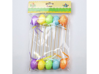 Dekoracje styropianowe jajka na piku brokatowe z kokardk� 25x40mm ��te, pomara�czowe, zielone, niebieskie, fioletowe d�ugo�� piku ok. 260mm 10szt. TI
