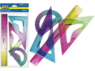 Komplet geometryczny 4 elementy z ozdobnym, t�czowym nadrukiem zawiera: linijk� 30cm, 2 ekierki: 13cm/19, 5cm, k�tomierz