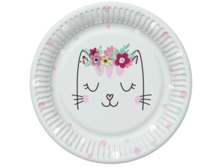 Talerzyki papierowe POL-MAK Daisy 18cm 8szt. Smiling Cat with Flowers Wreath [opakowanie=12szt]