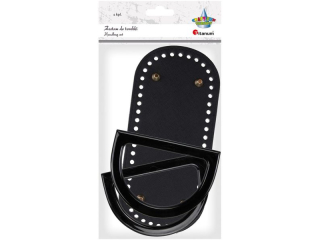 Zestaw do torebki: 1x sp�d - 22x10, 2cm, 2x r�czki - 12x8, 5cm 1 kpl. czarny, srebrne pukle grubo�� dna: 3, 5mm, wysoko�� pukli: 6mm, otwory na sznure