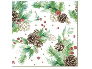 Serwetki POL-MAK GWIAZDKA Maki Lunch 33cm 20szt. Cones x Hollyberry on White SL_GW_027402  [opakowanie=12szt]