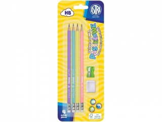 Ołówki grafitowe trójkątne pastelowe HB z miarką ASTRA PASTEL LINE + gumka i temperówka - 4+2 szt. blister (4%)