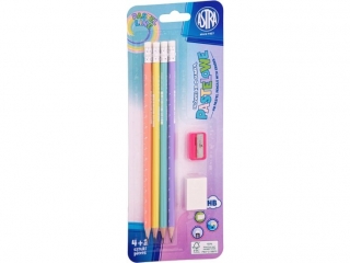 Owki grafitowe trjktne pastelowe HB z miark ASTRA PASTEL LINE + gumka i temperwka - 4+2 szt. blister (4%)